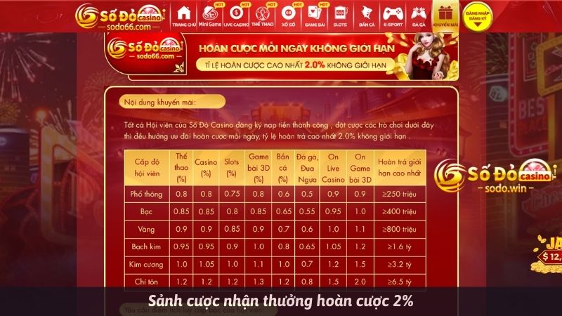 Sảnh cược nhận thưởng hoàn cược mỗi ngày không giới hạn 2%